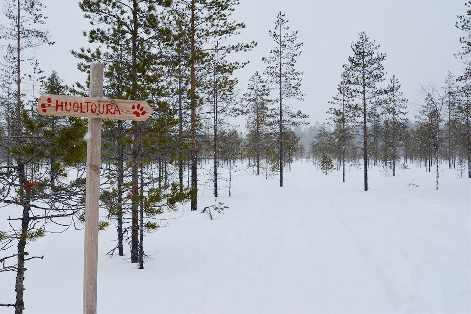 Tiilikkajärven kansallispuisto talven huoltouran opaste kävelijöille.